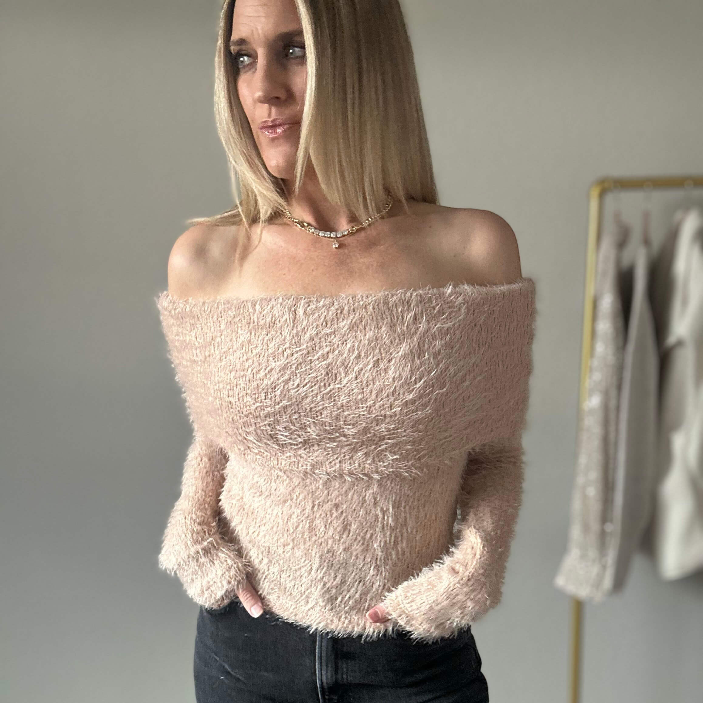 Fuzzy Off-the-Shoulder Sweater