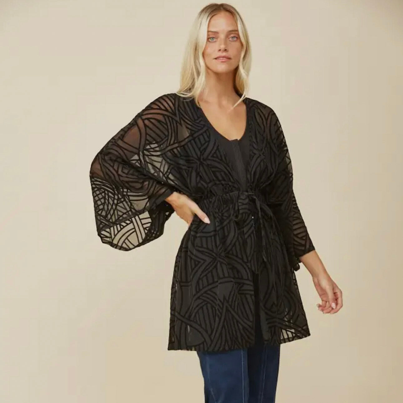 Geo Velvet Burnout Bell Sleeve Kimono