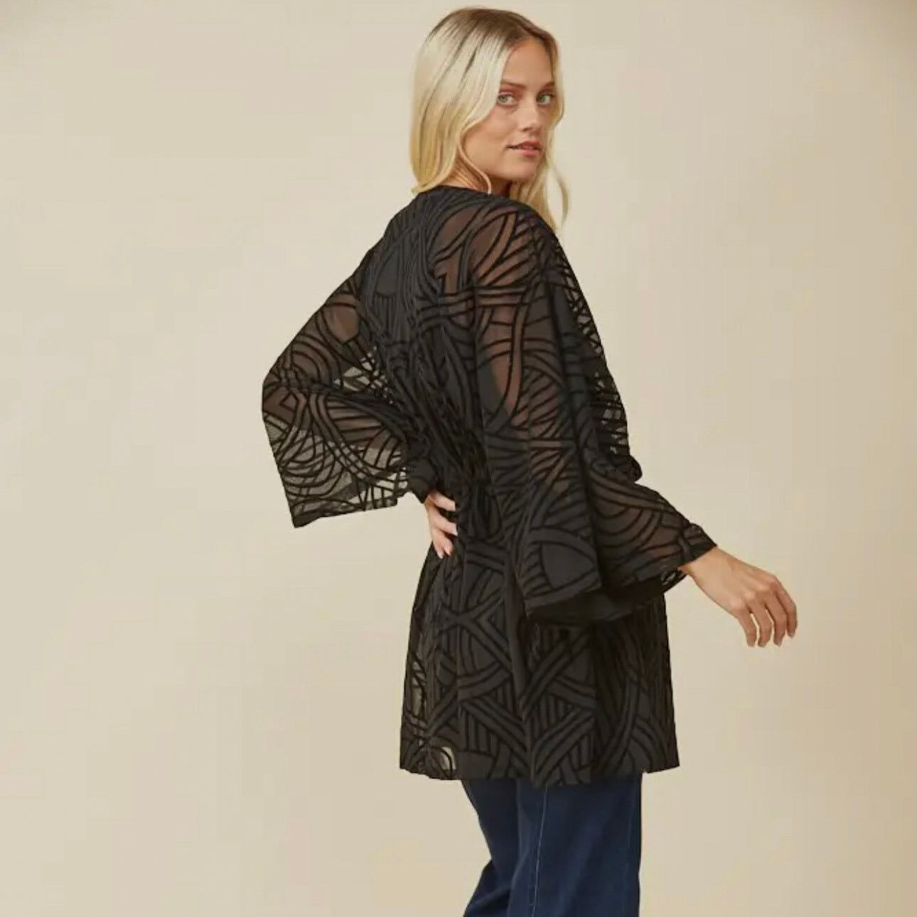 Geo Velvet Burnout Bell Sleeve Kimono