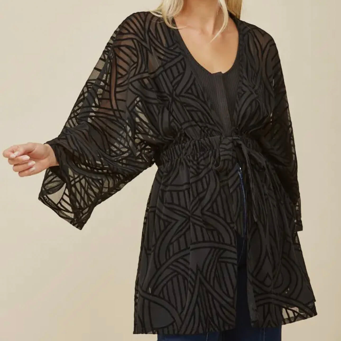 Geo Velvet Burnout Bell Sleeve Kimono