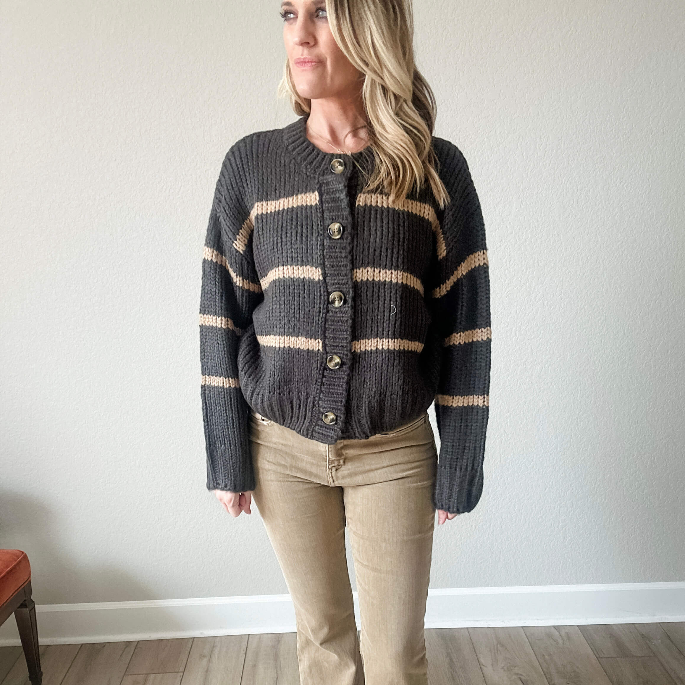 Striped Button Down Cardigan (Midnight/Olive)